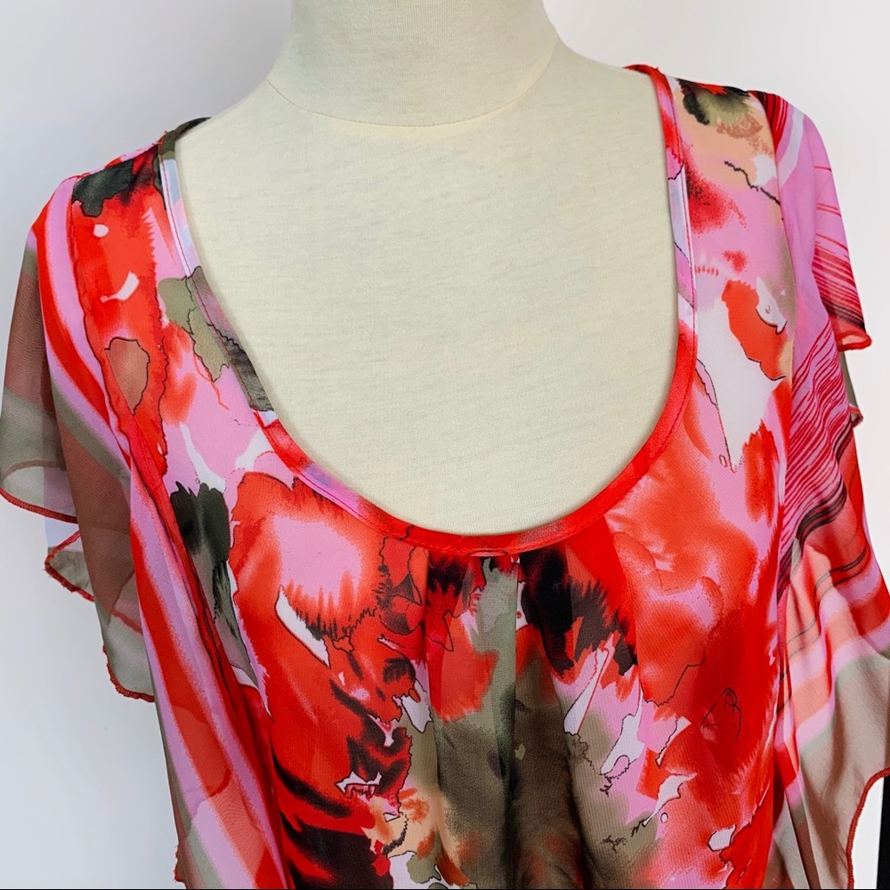 Halo Watercolor Floral Sheer Chiffon Blouse Flutter Sleeve Resort Fun Boho Top M - Picture 3 of 7